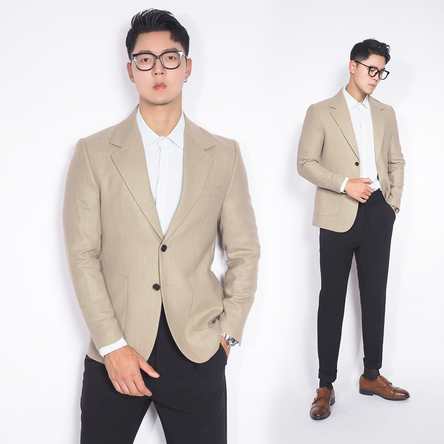 川泽男装卡其色休闲韩版西服