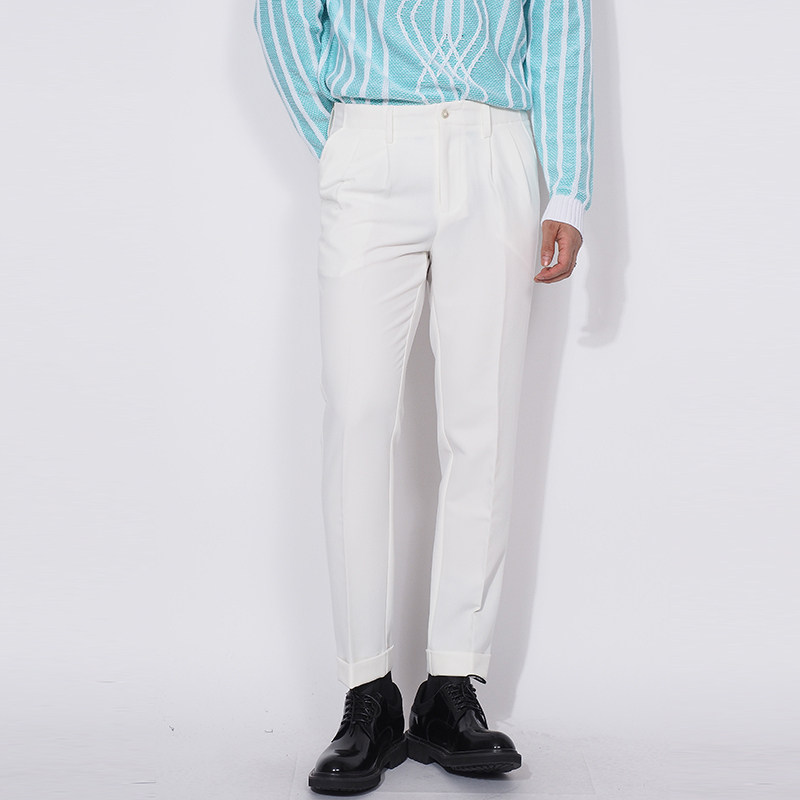 川泽纯色男士修身休闲十分裤新款韩版英伦百搭卷边西裤净版休闲裤