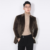 外套秋冬韩风修身 双排扣西装 西服上衣纯色绒面单西 中长款 川泽男士