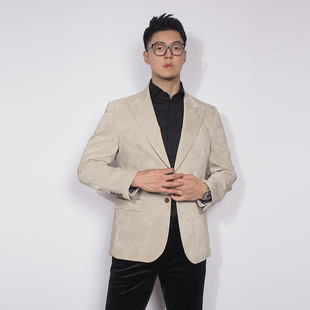 川泽男装杏灰色质感时尚PU西服修身休闲外套光泽精致戗驳领西装潮