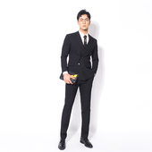 黑色西服套装 川泽条纹双排扣西装 商务套西 韩版 修身 三件套男士 新款