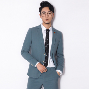 川泽男士秋季修身气质青灰色西服便装休闲商务西装韩版小西装外套