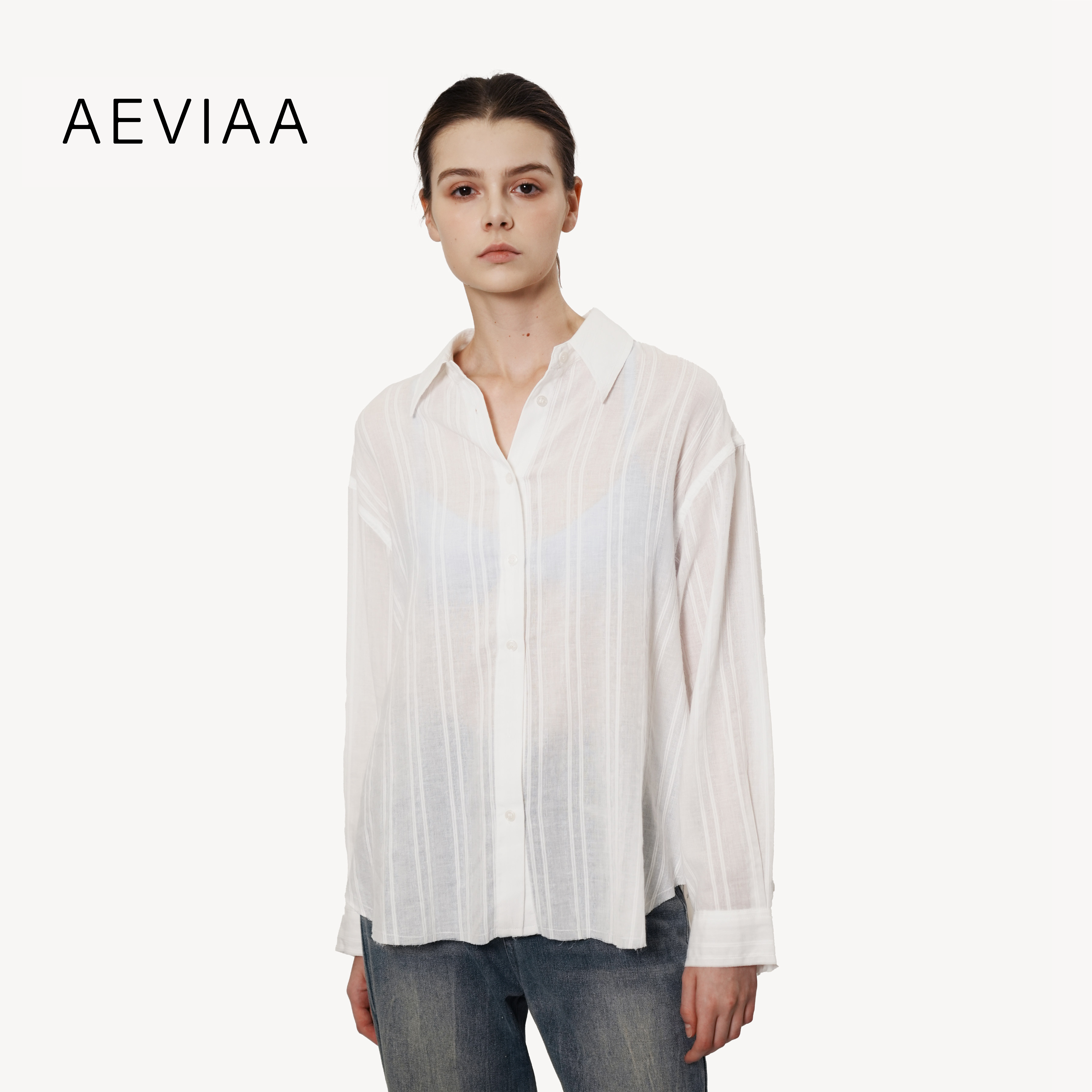 AEVIAA女士竖条纹宽松衬衫衬衫