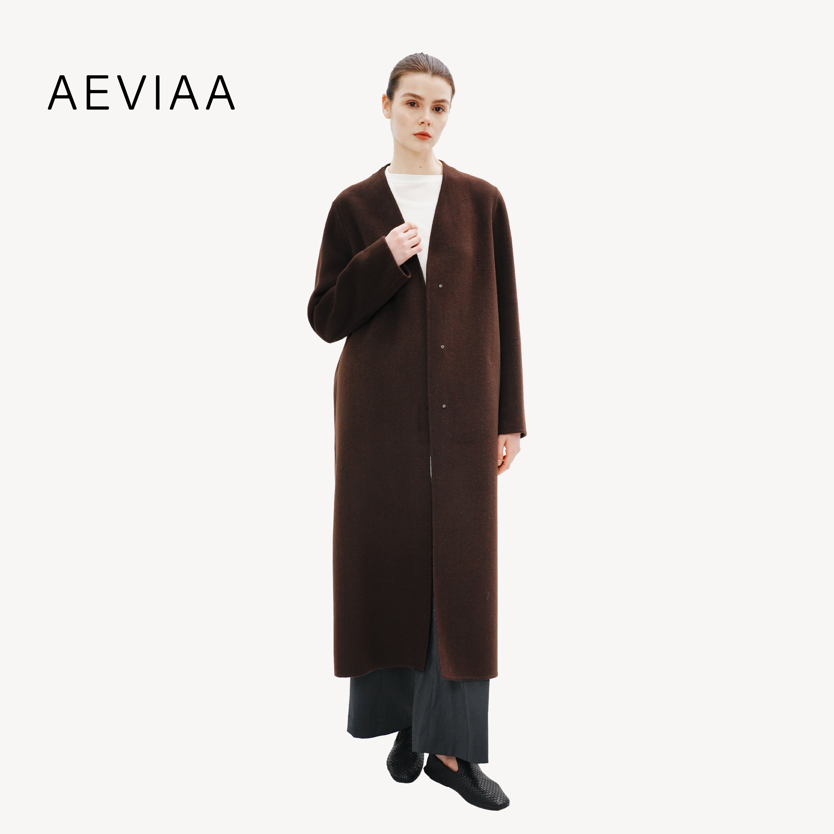 AEVIAA黑色羊毛显瘦长款毛毛呢外套