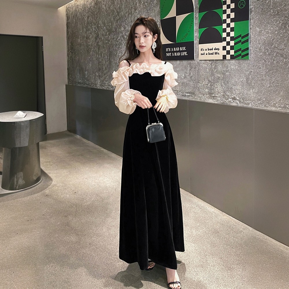 秋冬高端宴会气质丝绒晚礼服长裙夜场演出主持吊带露肩开叉连衣裙
