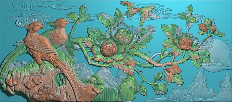 浮雕图扫描图精雕图灰度图新款牡丹花鸟165-72 砖雕石雕 花开富贵