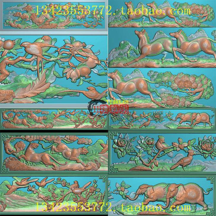 R扫描图精雕图门堵古建狮子石榴鸟松柏马豹梅大象扫描图