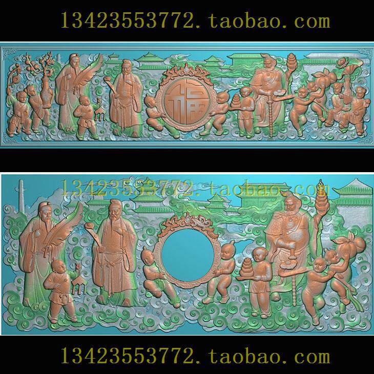 a精雕图浮雕灰度图扫描图 古建图新款 财子寿横图三星福禄寿人物
