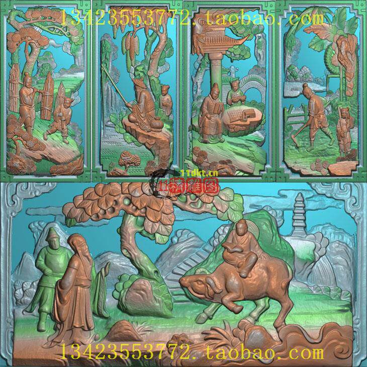 W渔樵耕读石雕扫描图古建门堵人物精雕图新款古建人物