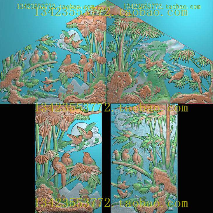 精雕图 灰度图bmp浮雕图 古建砖雕石雕木雕挂件竹子花鸟订做图