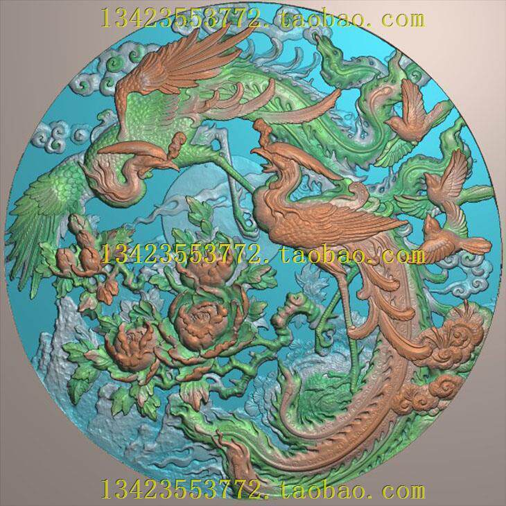 a精雕图灰度图扫描图深雕古建图新款双凤呈祥牡丹花