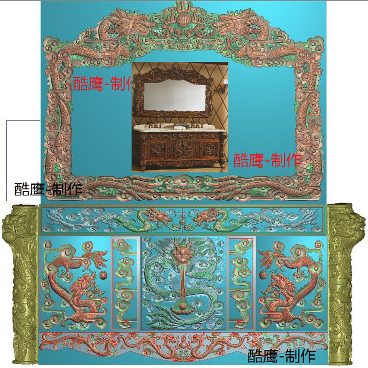 R精雕图 卫浴 浴室柜 双龙戏珠 龙凤柱 电脑雕刻 木雕 镜框 镜子