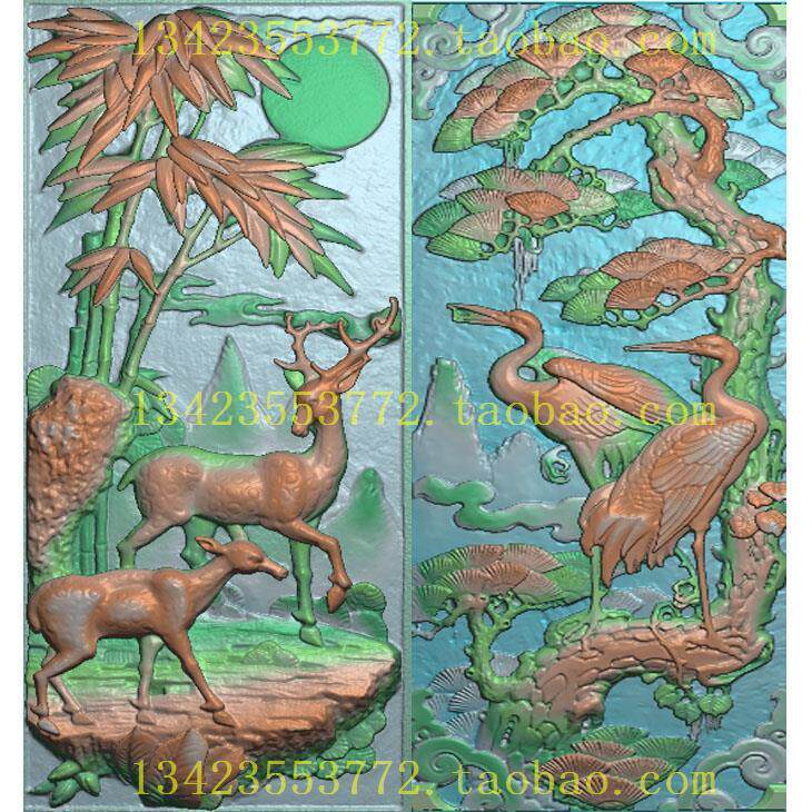 X扫描图精雕图古建竹鹿迎客松树花鸟松鹤延年门堵深雕 松鹤