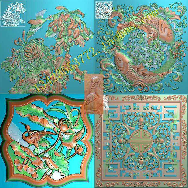 a雕刻图精雕图古建寺庙方形蝙蝠仙鹤双鱼菊花