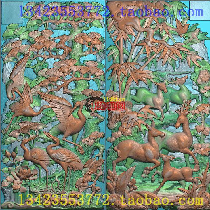 D扫描图精雕图山水松鹤延年鹿竹同春古建寺庙竖堵松树松鹿鹤 花鸟