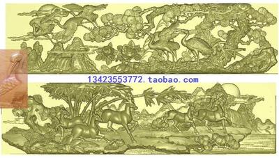 UPM古建寺庙精雕图精品横图鹿竹松鹤扫描图灰度图 jdp