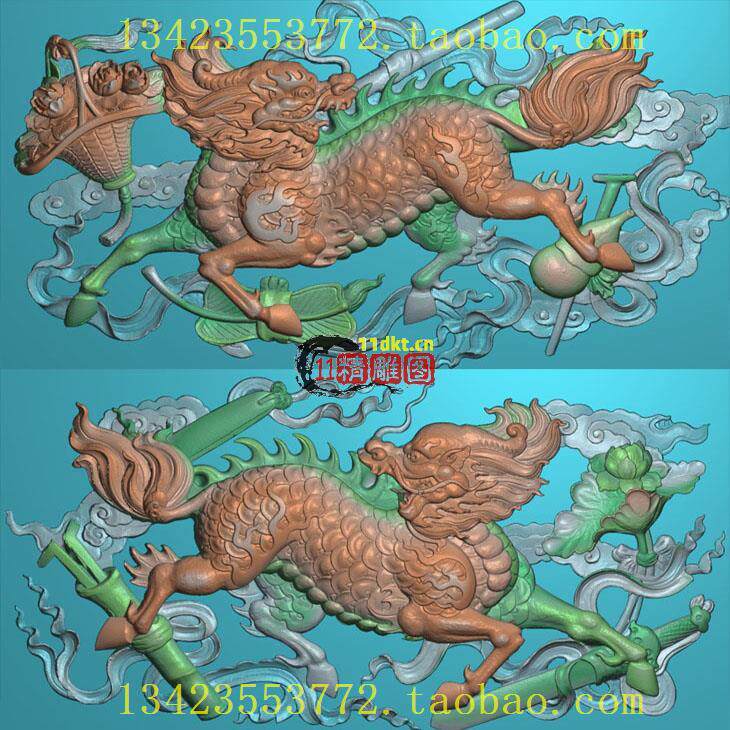 L新款精品 精雕图扫描图花篮芭蕉扇葫芦八宝麒麟宝剑竹笛石雕图