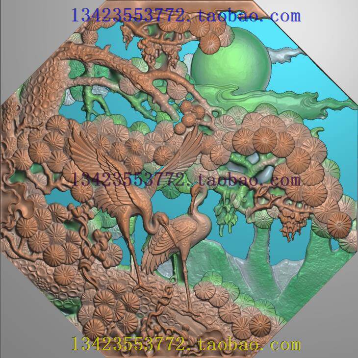 L浮雕图扫描图精雕图深雕新款古建窗户松树仙鹤精雕图
