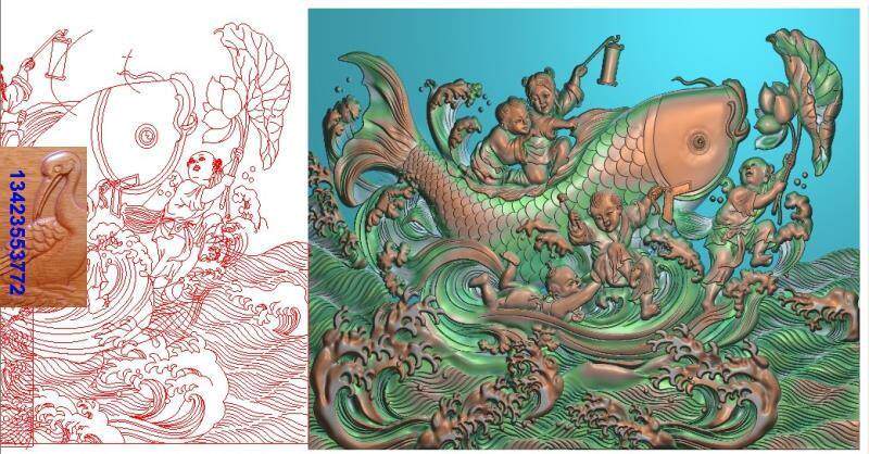 精雕图 童子鱼图500_400  jdp 大幅人物海景图古建寺庙浮雕图