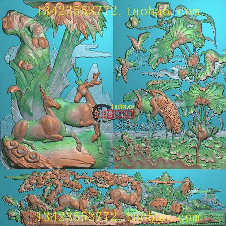 W扫描图精雕图松鹤延年鹿竹同春古建寺庙路竹松鹤松树 鹿鹤