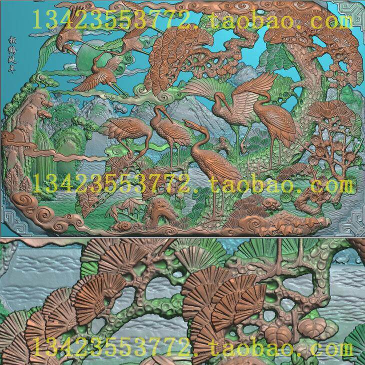 X扫描图精雕图延年九鹤古建路竹鹿鹤鹿竹松树松鹤 花鸟门堵