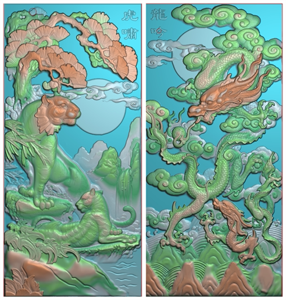 浮雕图扫描图精雕图灰度图新款竖图龙吟虎啸61-129 砖雕石雕效果