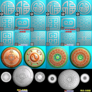 打包万字纹中式柱板回纹福字方花柱头贴花别墅构件山花精雕图灰度