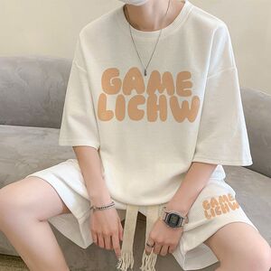 华夫格休闲运动套装男士夏季宽松大码青少年冰丝短袖短裤一套搭配