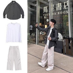 衬衫 黑格子长袖 男生休闲宽松衬衣外套潮 秋季 日系慵懒风穿搭男套装