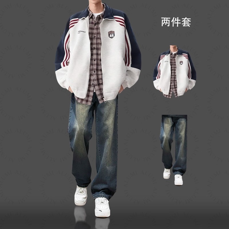 套装美式撞色休闲外套男一套搭配