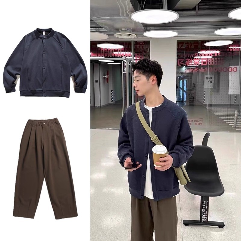 藏青华夫格卫衣开衫男生2025新款秋季长袖套装休闲宽松夹克外搭