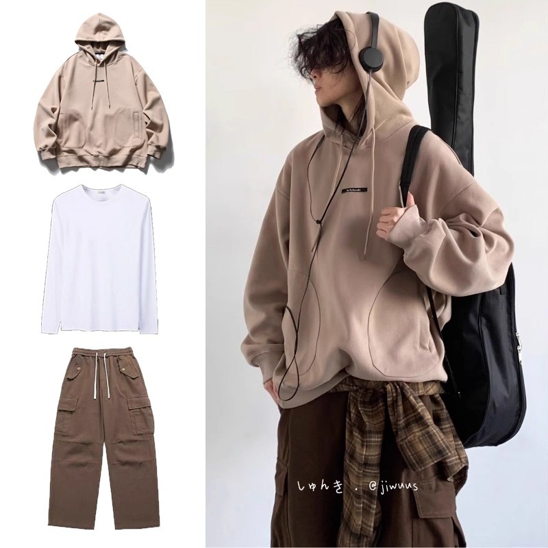 秋冬学院风复古连帽卫衣男女套装