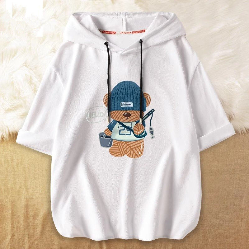 连帽短袖t恤男夏季潮牌ins大码宽松胖子上衣服体恤潮流七分袖卫衣