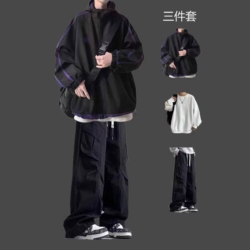 撞色立领休闲冲锋衣男生潮流外套春秋季衣服搭配帅气学生夹克套装