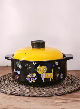 福传卡通小猫日韩陶瓷砂锅汤锅煲仔饭专用家用石锅拌饭耐热炖盖子