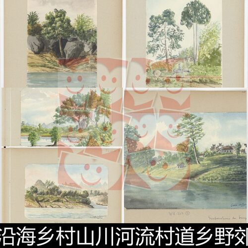 VAM清代沿海乡村山川河流村道乡野郊外水彩手绘非高清小图素材