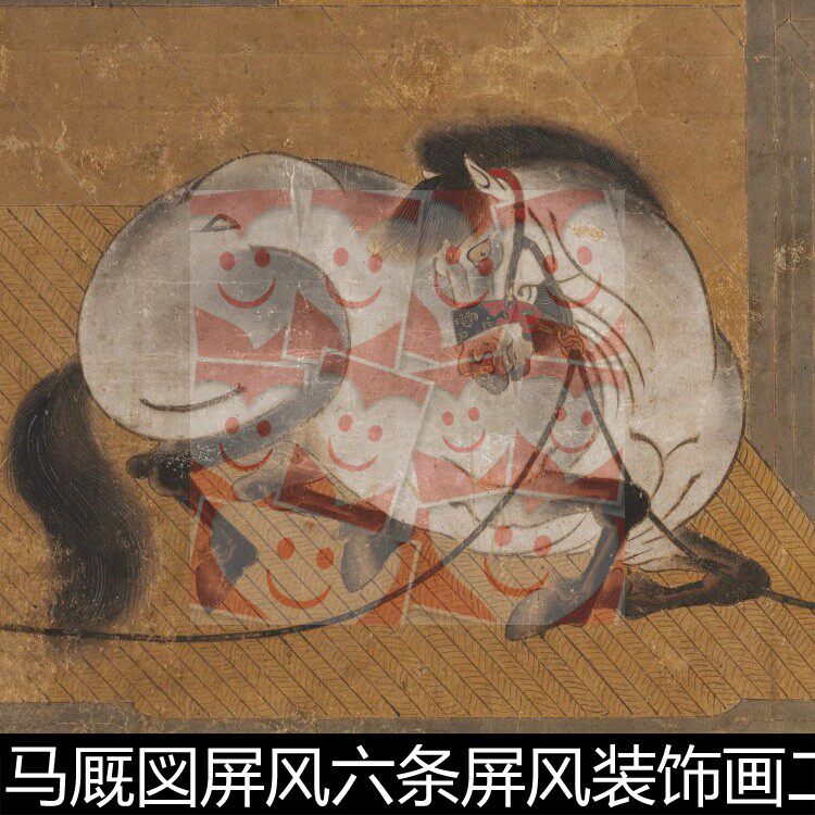 ucw日本室町时代佚名马厩図屏风六条屏风装饰画二幅高清素材资料