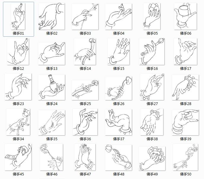 ui观世音菩萨白描手绘临摹线稿线描佛手拈花指大全素材资料矢量