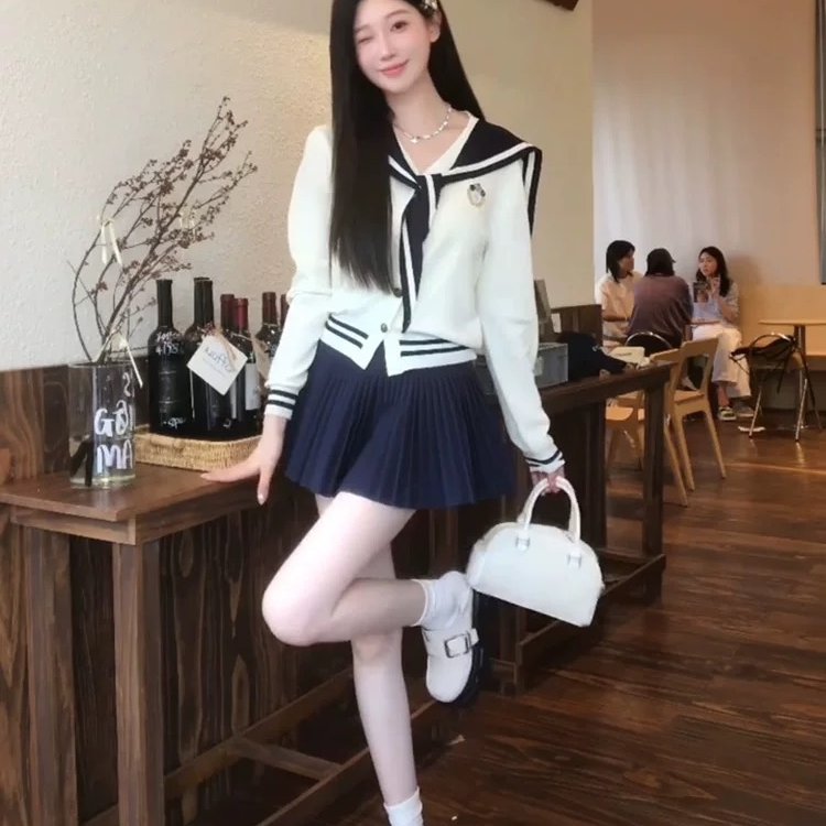 早秋新款海军领学院风JK制服套装长袖针织衬衫上衣百褶短裙两件套