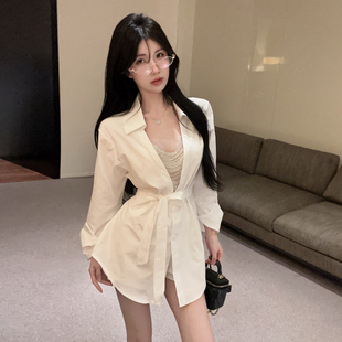 法式秋季新款名媛设计感时尚气质绑带长袖衬衫女上衣短裤两件套装