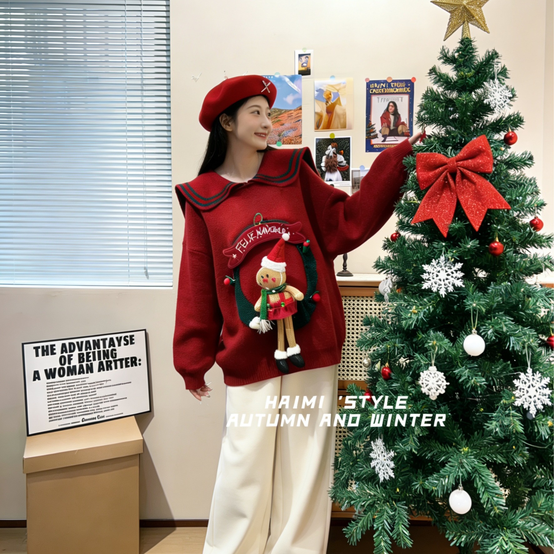 红色娃娃领圣诞毛衣女秋冬2025新款重工玩偶设计感减龄针织衫加厚