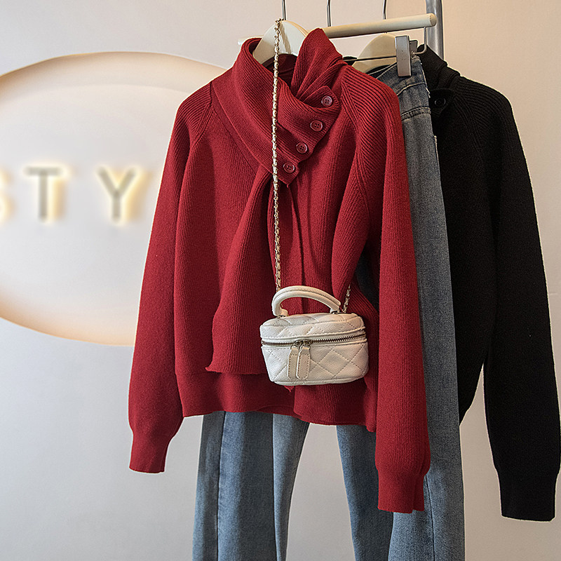 大码女装秋冬季新款韩版高级围巾斜纽扣氛围感洋气针织内搭毛衣女