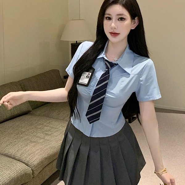 小清新女装套装甜美学院风短款收腰衬衫短袖美式百褶jk半裙两件套