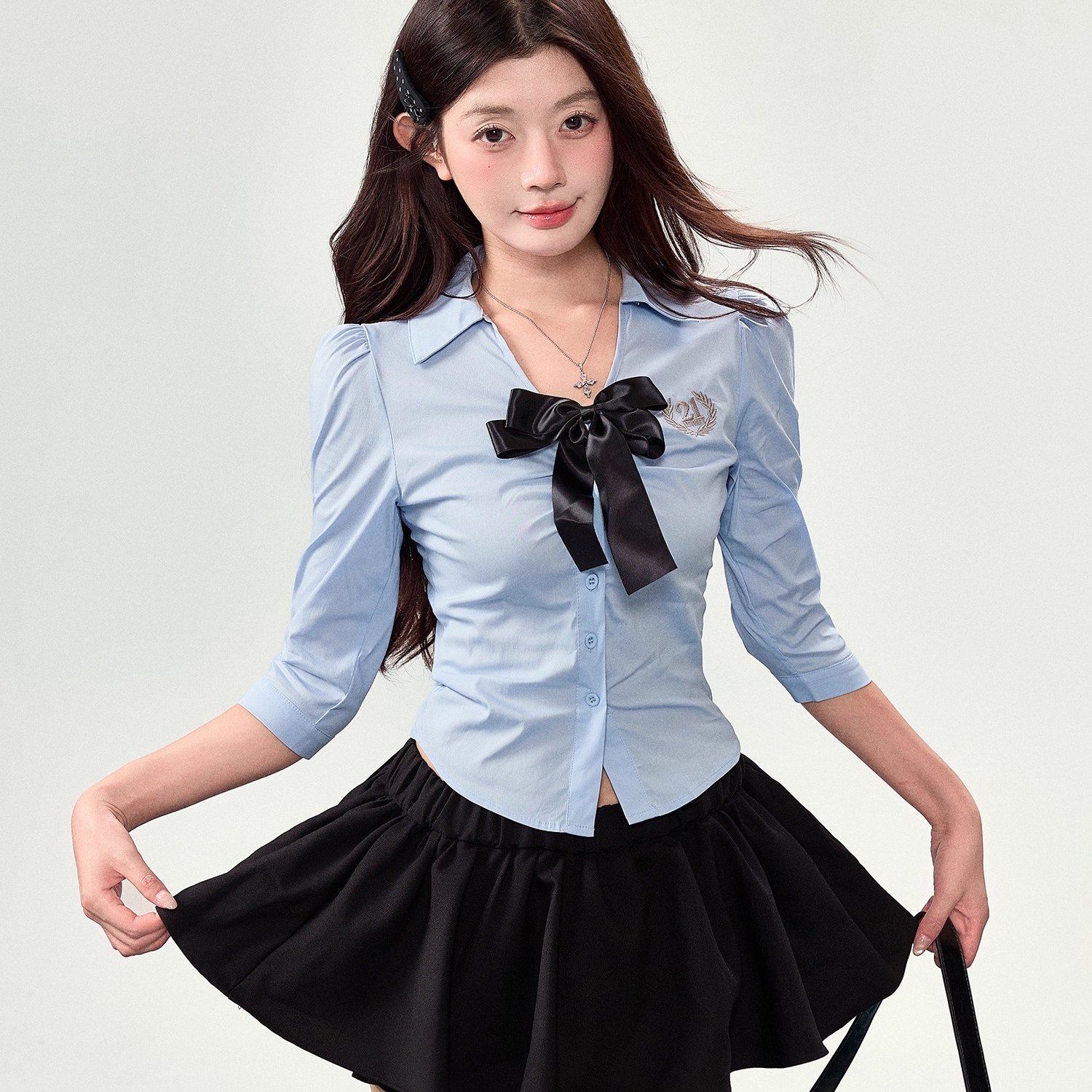 笨比甜Sweety学院风蝴蝶结JK制服衬衫女初秋气质辣妹减龄上衣