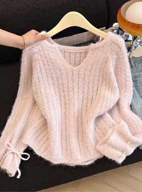 紫色温柔风粗针织毛衣女2025秋冬韩系氛围感宽松软糯长袖vV领上衣
