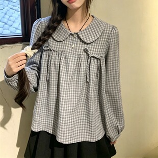 韩系2026夏秋季新款娃娃领格子长袖衬衫韩版学生减龄百搭女士衬衣