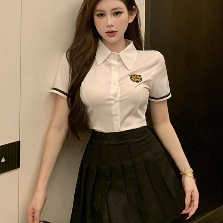 甜辣学院风jk制服套装裙女职业工作服夏收腰白色衬衫百褶裙两件套