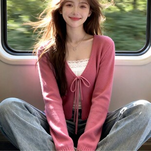 2026早春树莓粉针织开衫女蝴蝶结短款外套松弛感通勤休闲百搭上衣