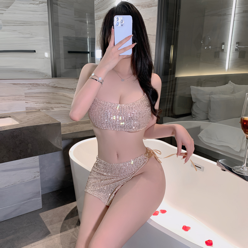 情趣睡衣性感纯欲亮片闪闪挂脖背心抹胸配系带一片式短裙套装