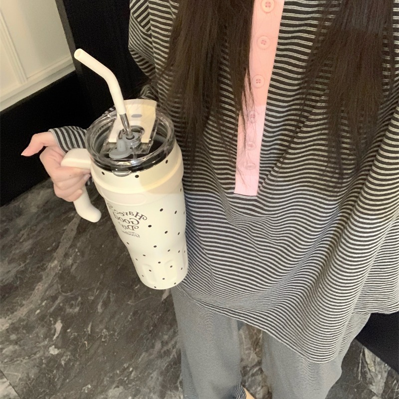 今年流行爆款韩系简约慵懒黑色细条纹家居服睡衣套装2025新款女士